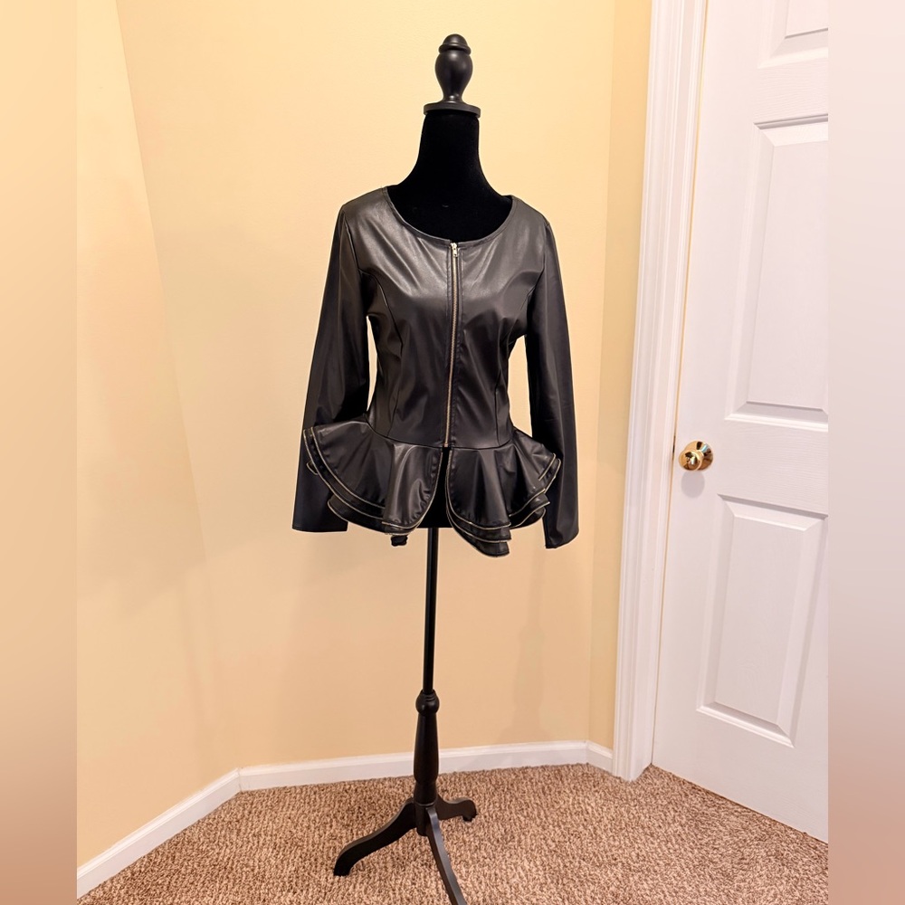 Black Faux Leather Peplum Jacket